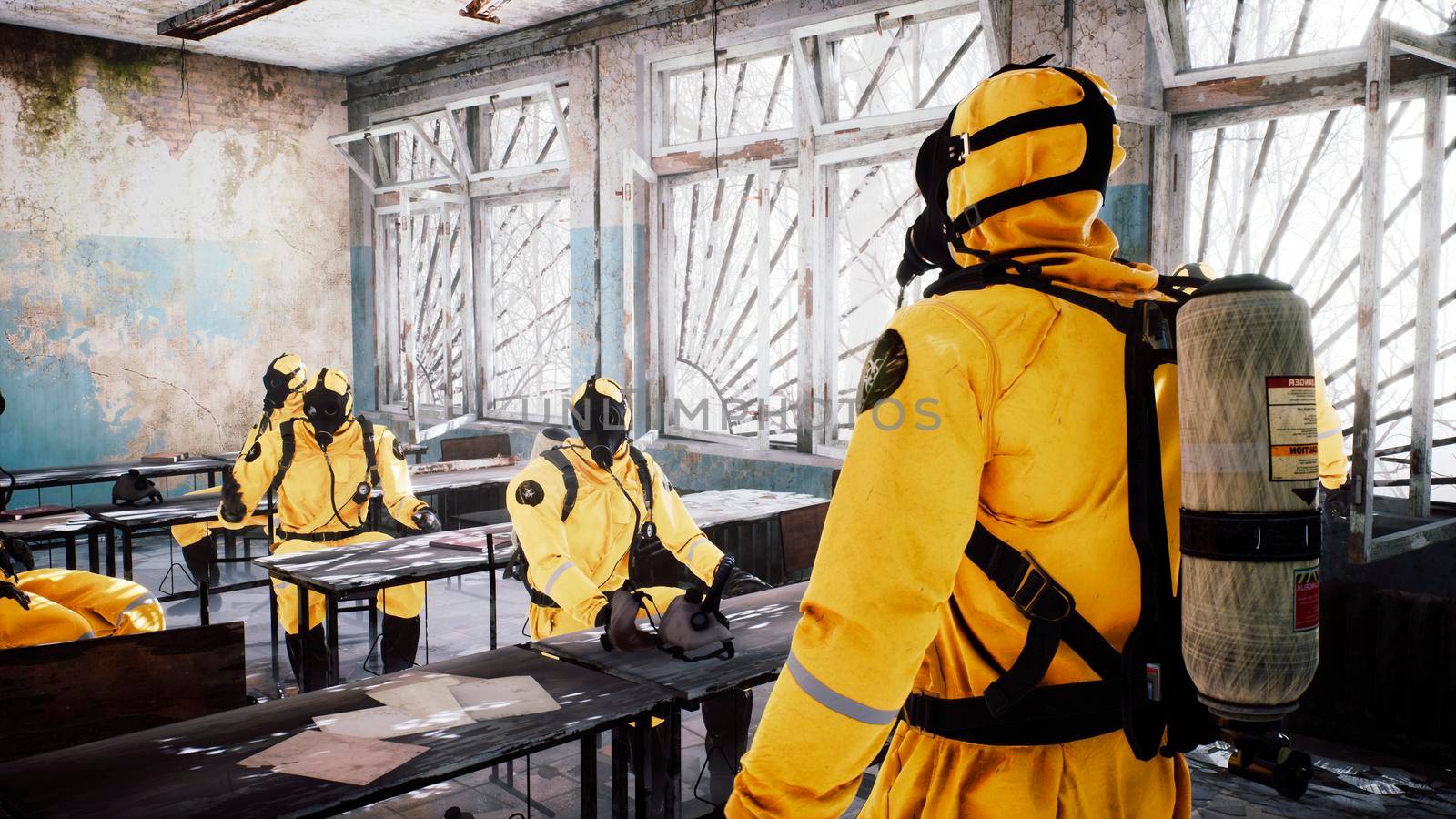 The last survivors of a nuclear war or a deadly viral pandemic discuss a roadmap in an abandoned school. Post-apocalyptic world concept. 3D Rendering. by designprojects