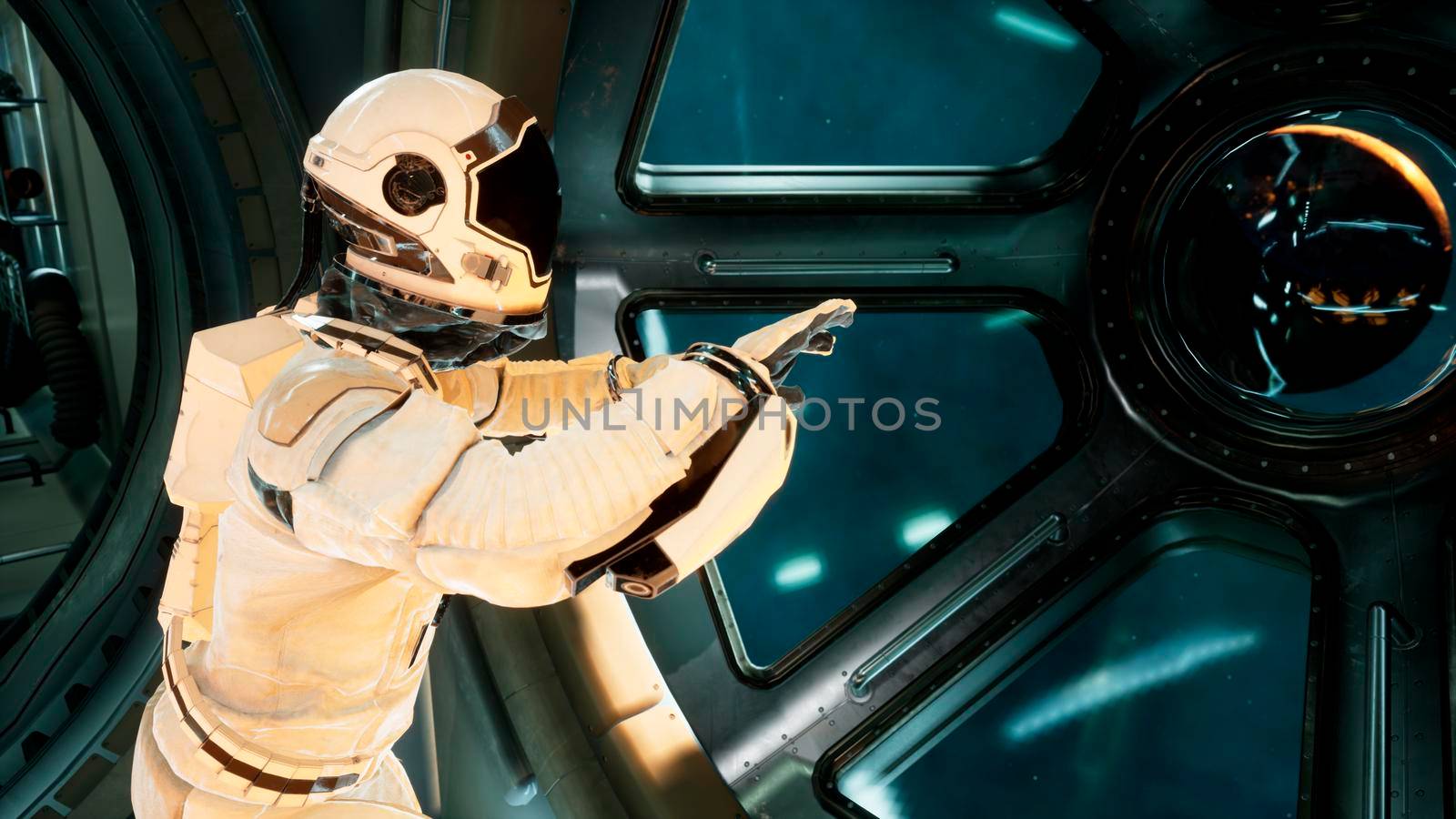 An astronaut in a spaceship is watching through a porthole for an alien, unexplored planet. 3D Rendering. by designprojects