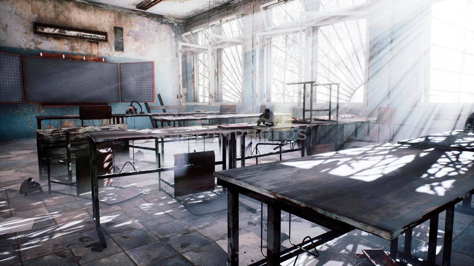 Abandoned ruined school with rubbish on the dusty floor. View of an abandoned apocalyptic school. 3D Rendering. by designprojects