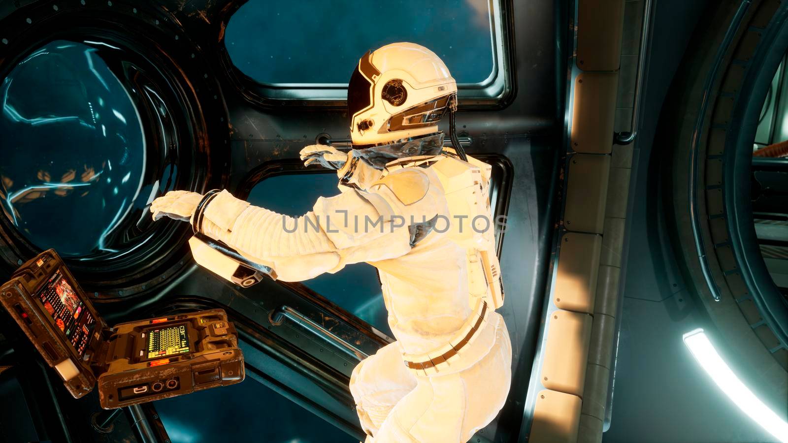 An astronaut in a spaceship is watching through a porthole for an alien, unexplored planet. View of the spacecraft with an astronaut.