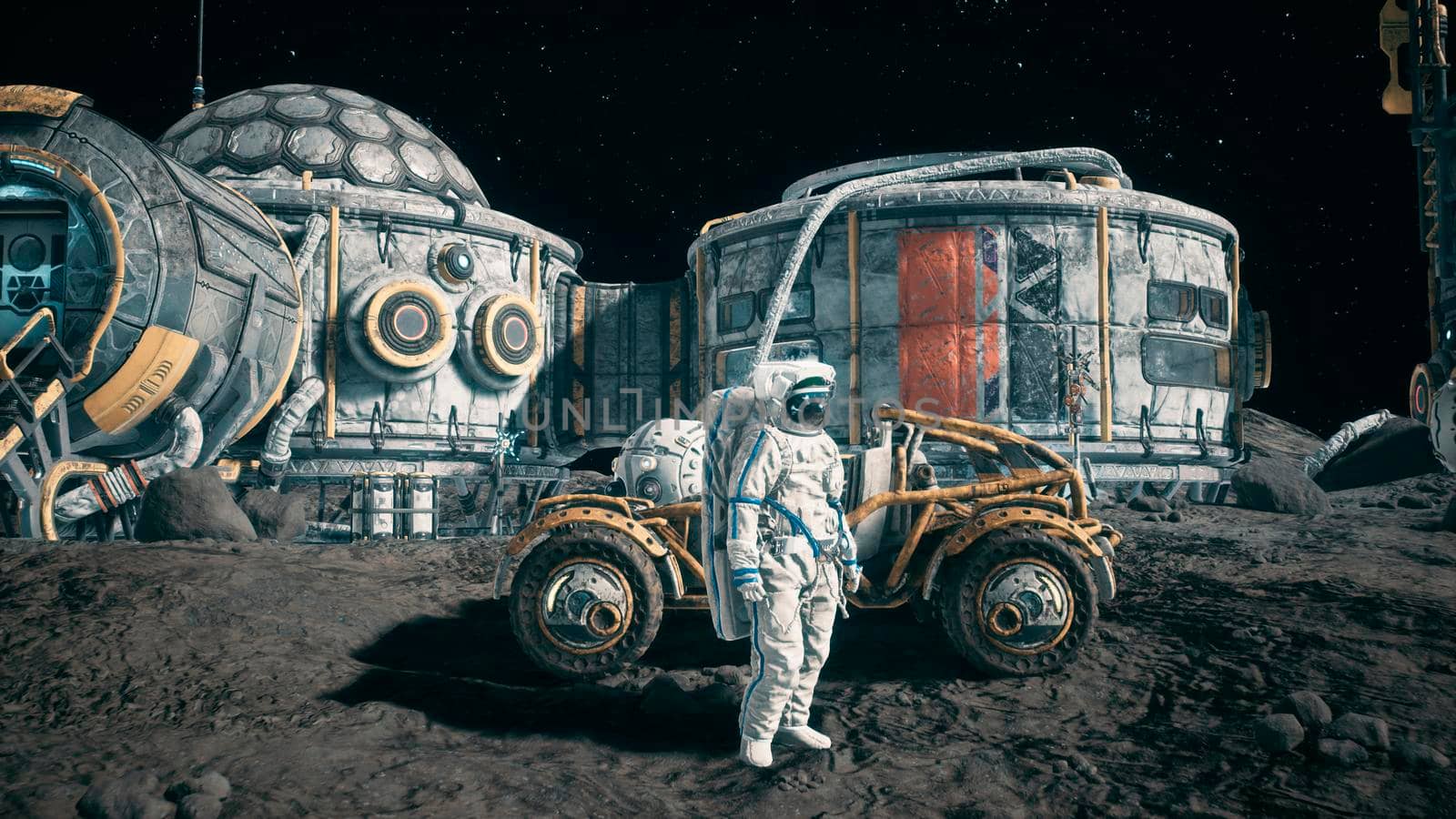 An astronaut stands beside his lunar rover at the space moon base. View of the lunar surface and lunar colony. 3D Rendering. by designprojects
