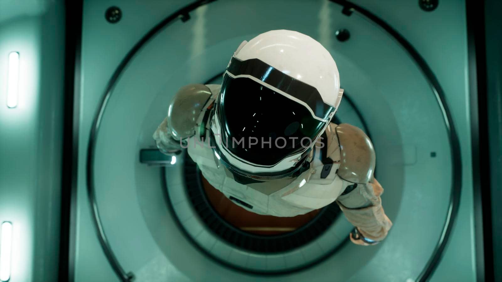 Somewhere in distant space, an astronaut hovers inside his spaceship. View of the spacecraft with an astronaut.