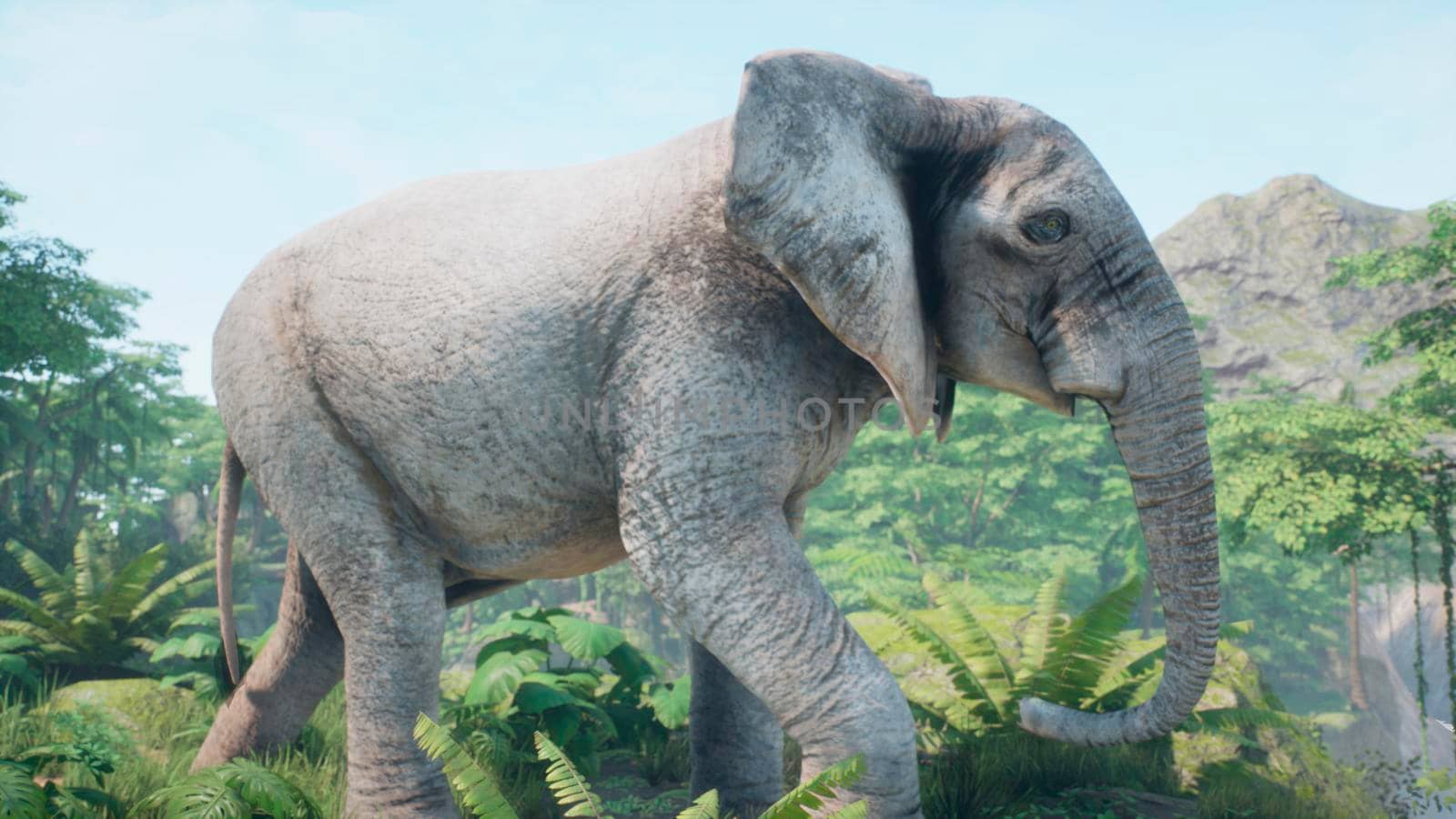 A gray African elephant walks through the green jungle in the early morning. A look at the African jungle. 3D Rendering. by designprojects