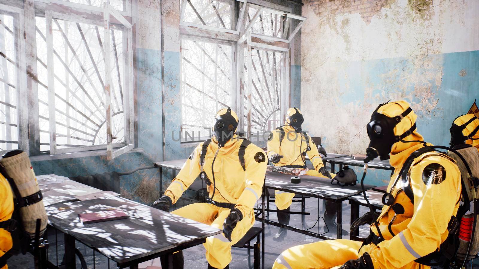 Survivors in special suits after a nuclear war or a deadly viral pandemic meet in a destroyed building. Post-apocalyptic world concept. 3D Rendering. by designprojects