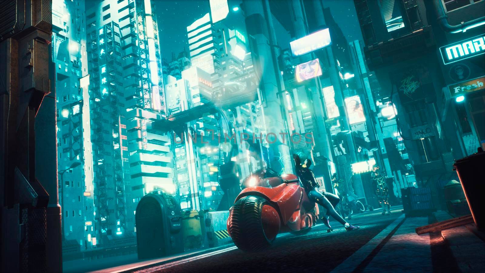 Police robots are slowly approaching the cyber girl standing next to her futuristic motorcycle. View of an future fiction city. 3D Rendering. by designprojects