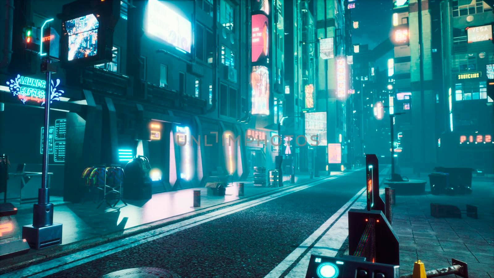Deserted neon foggy street of the cybercity with dark lonely buildings. View of an future fiction city. 3D Rendering. by designprojects