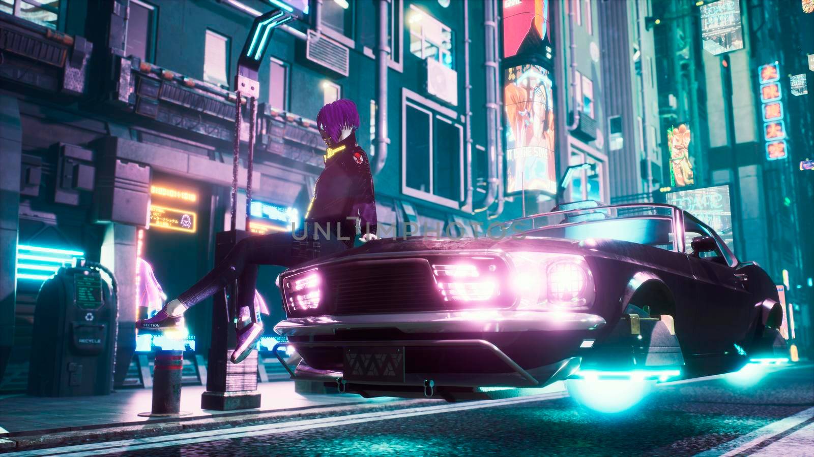 The girl relaxes while sitting on a futuristic car standing on the neon street of the city of the future. View of an future fiction city. Sci-fi cyber world concept.
