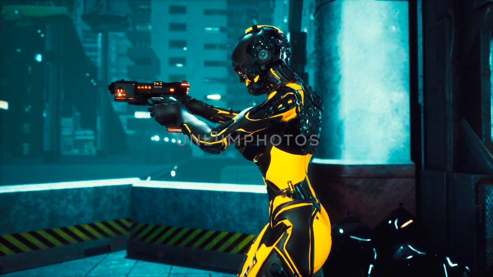 Cyber soldier walks through the dark streets of the cyber city of the future. View of an future fiction city. 3D Rendering. by designprojects