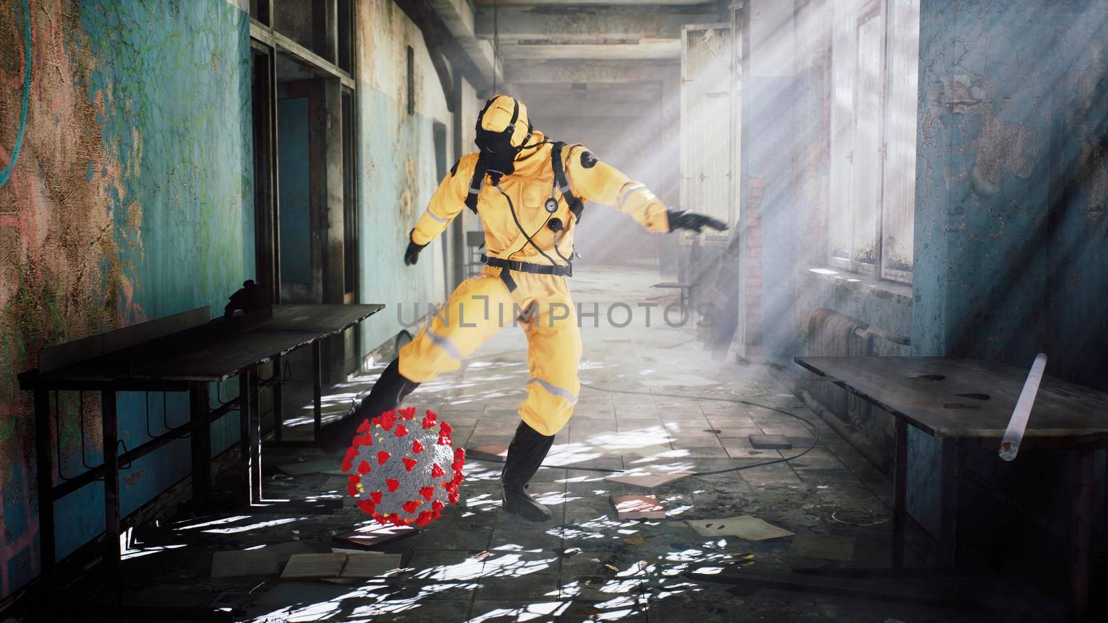 A man in a special suit destroys a coronavirus infection with one blow. Post-apocalyptic world concept. 3D Rendering. by designprojects