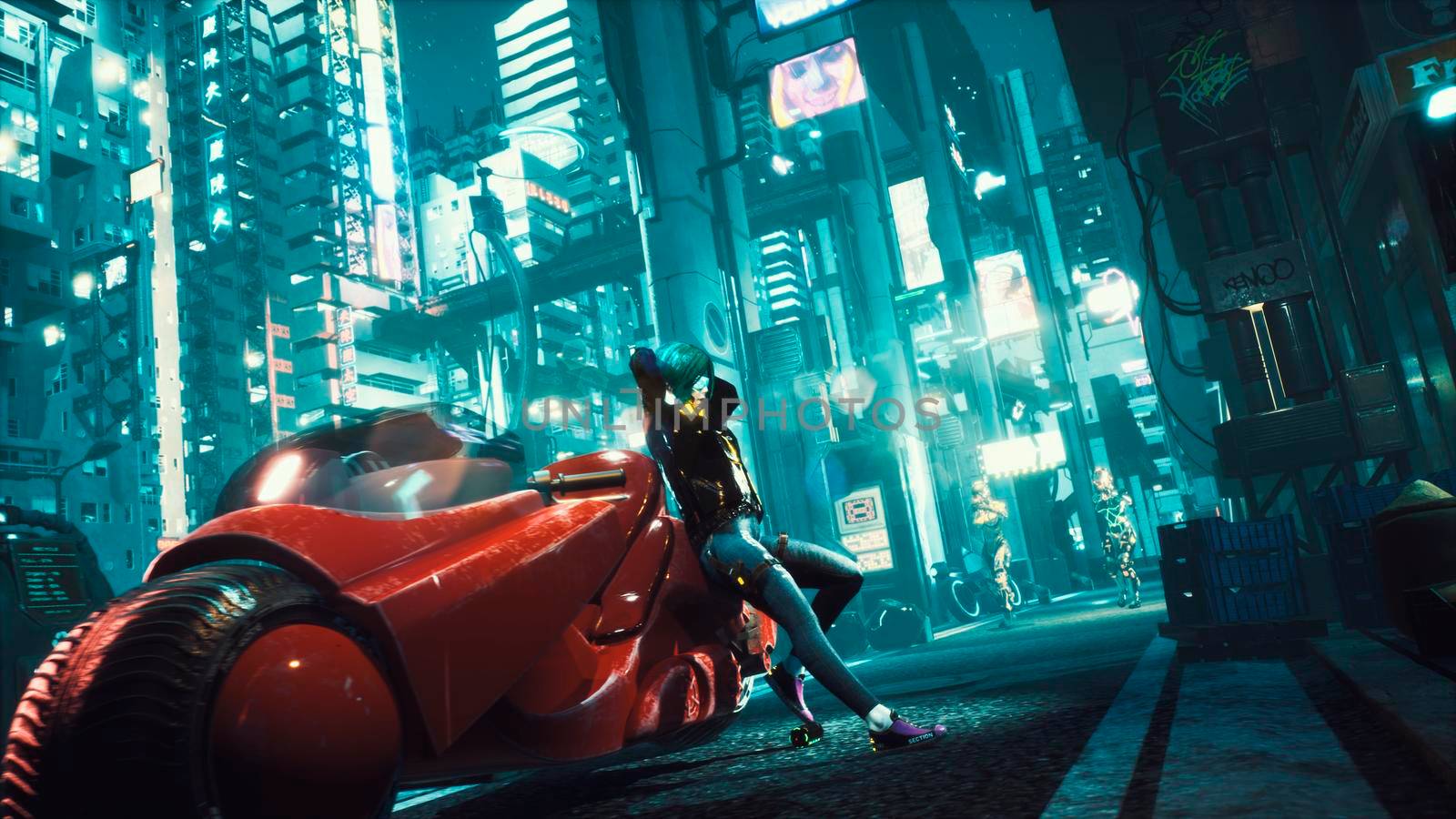 Police robots are slowly approaching the cyber girl standing next to her futuristic motorcycle. View of an future fiction city. Post-apocalyptic cyber world concept.