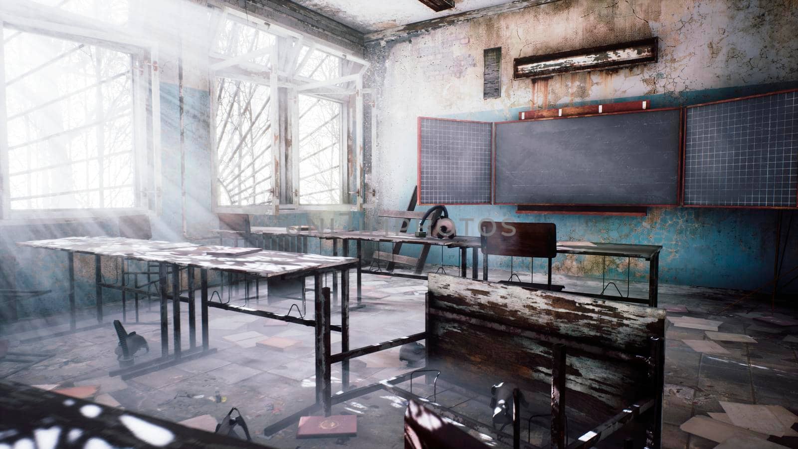 Abandoned ruined school with rubbish on the dusty floor. View of an abandoned apocalyptic school. 3D Rendering. by designprojects