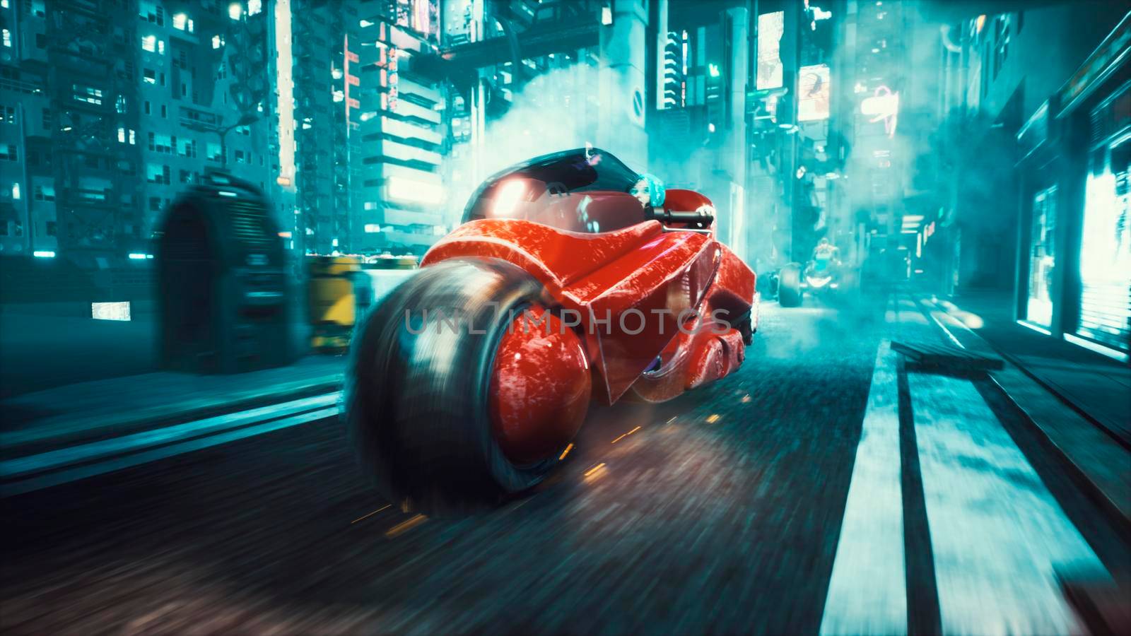 The girl from the cyber city at a huge speed rides futuristic motorcycle along the night street. View of an future fiction city. Post-apocalyptic cyber world concept.