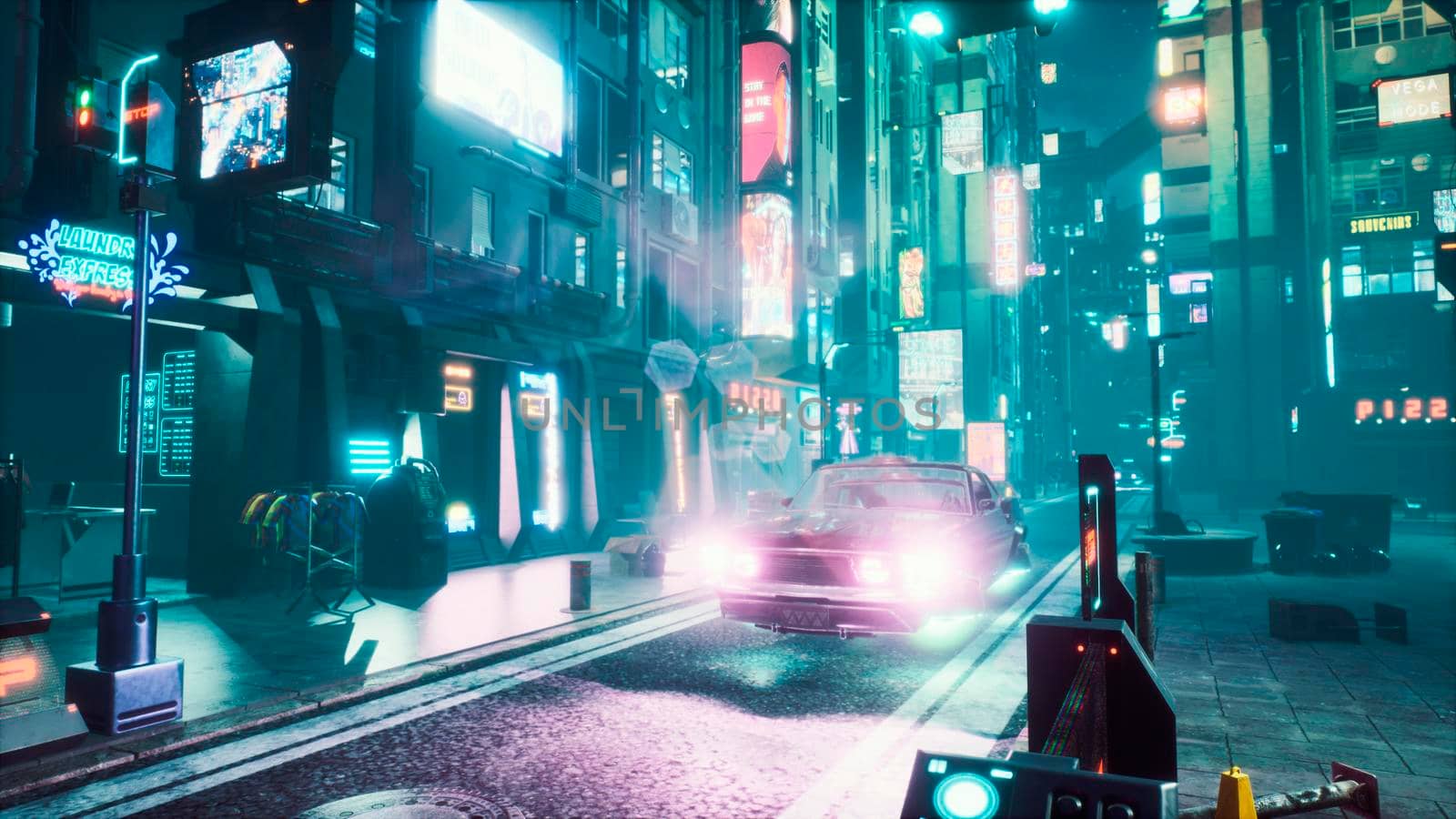 Flying cars rush along the neon night street of the city of the future. View of an future fiction city. Sci-fi cyber world concept.