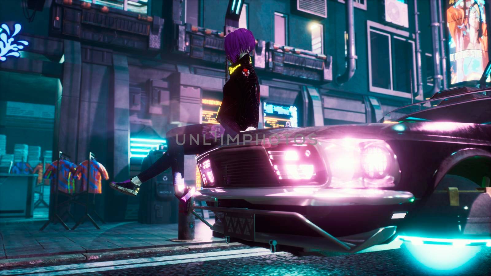 A girl is resting on the hood of her flying car in the middle of the night street of a neon cyber city. View of an future fiction city. Sci-fi cyber world concept.