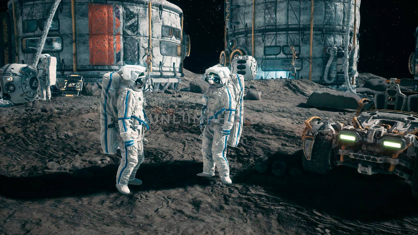 Meeting of astronauts at the lunar base near the lunar rover. View of the lunar colony and astronauts working at the space base. 3D Rendering. by designprojects