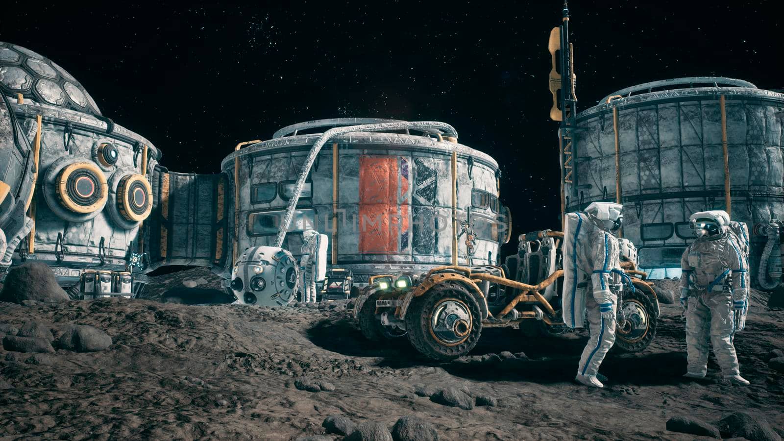 View of the lunar surface, lunar colony and astronauts working at the space base next to the lunar rover. View of the future lunar base.