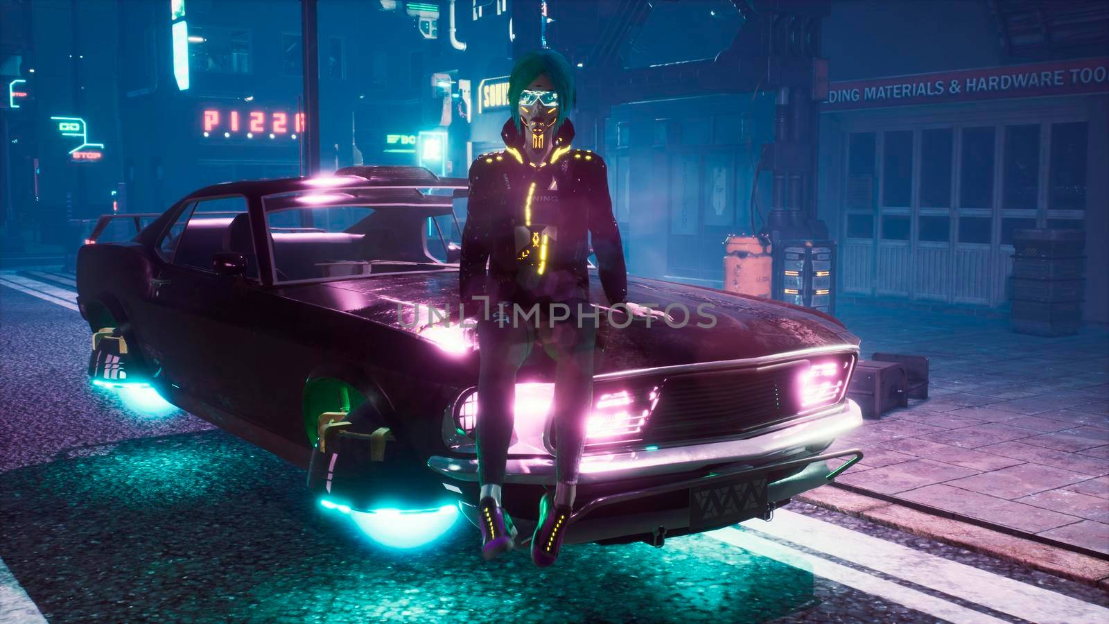 A girl is resting on the hood of her flying car in the middle of the night street of a neon cyber city. View of an future fiction city. Sci-fi cyber world concept.