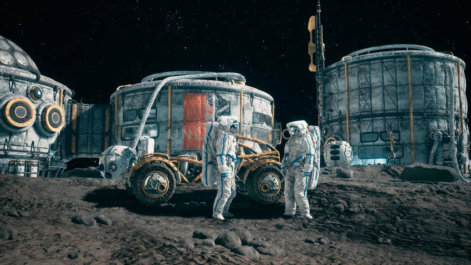 View of the lunar surface, lunar colony and astronauts working at the space base next to the lunar rover. View of the future lunar base.