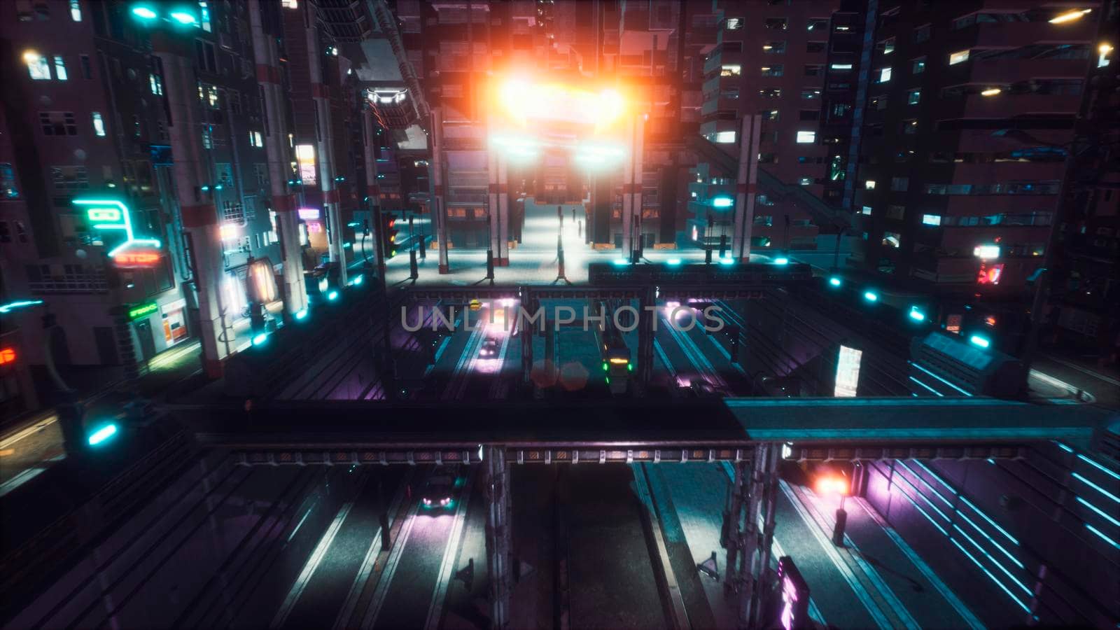 A flying car flies over the night futuristic city of the future. View of an future fiction city. Sci-fi cyber world concept.