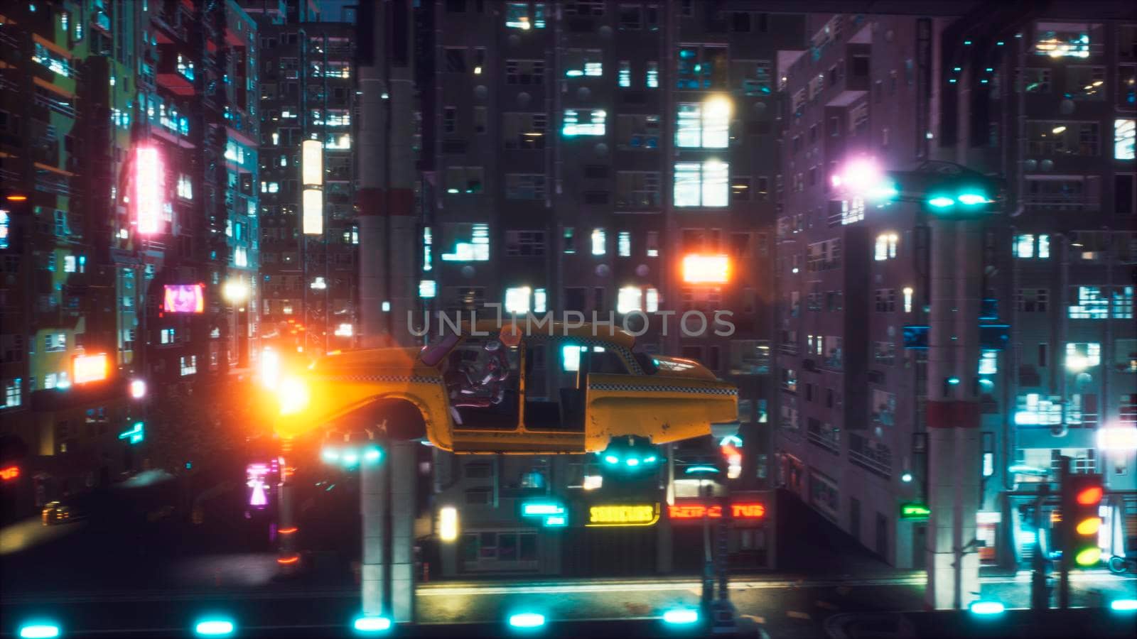 Flying cars driven by robots rush along the night street of a futuristic city. View of an future fiction city. Sci-fi cyber world concept.