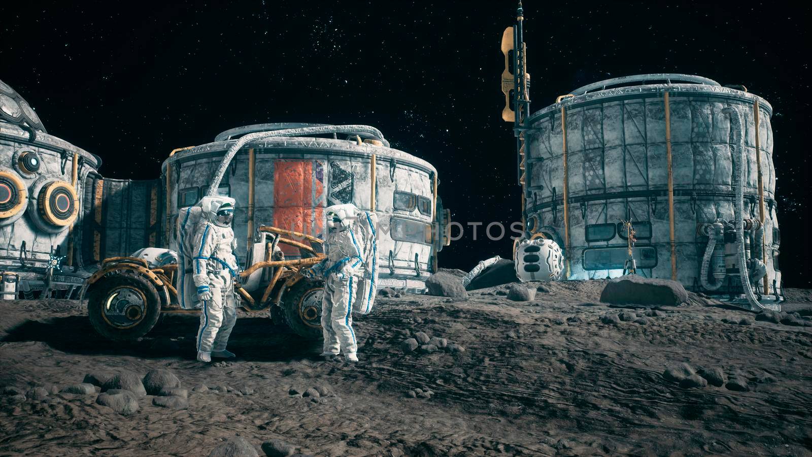 Meeting of astronauts at the lunar base near the lunar rover. View of the lunar colony and astronauts working at the space base. Concept of the future lunar colony.