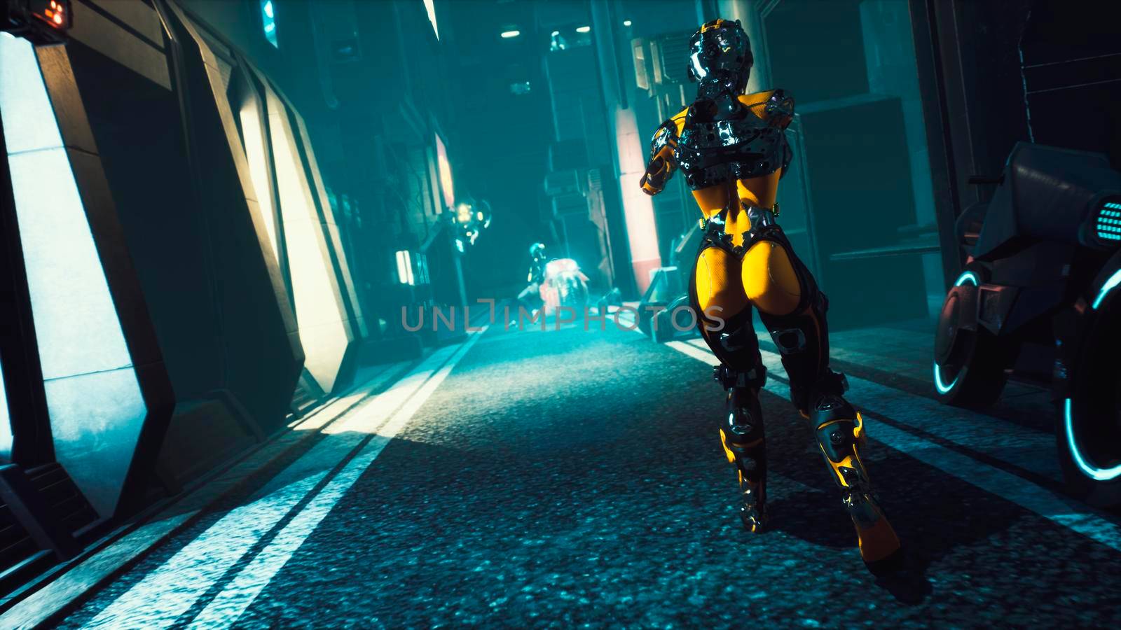 Cyber soldier walks through the dark streets of the cyber city of the future. View of an future fiction city. Post-apocalyptic cyber world concept.