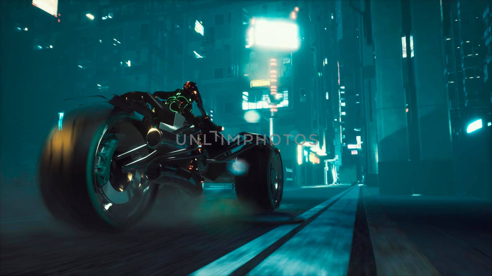 Cyborg rides a huge speed on the motorcycle of the future through the neon streets of the night cyber city. A view of the neon sci-fi city. 3D Rendering. by designprojects