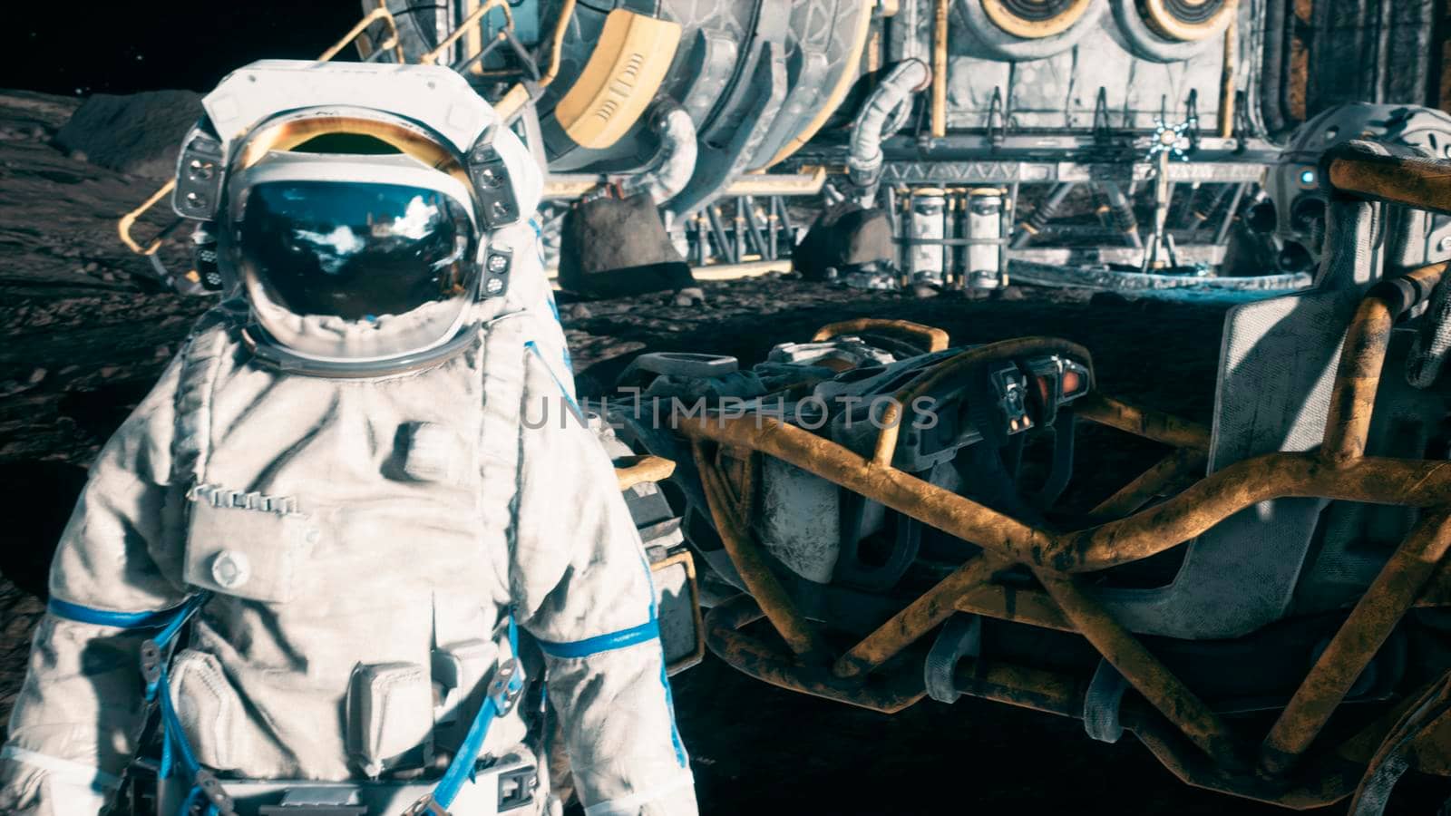 An astronaut stands beside his lunar rover at the space moon base. View of the future lunar colony.