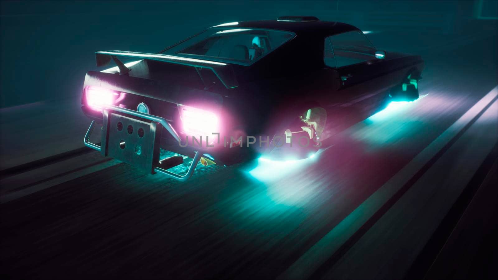 The flying car of the future rushes through the neon street of the cyber city. View of an future city. 3D Rendering. by designprojects