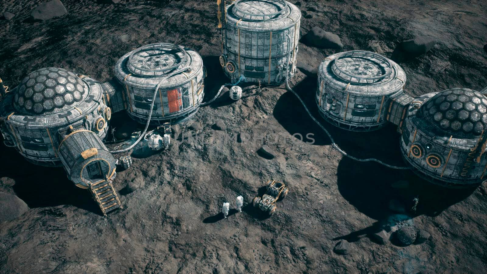 View of the lunar surface, lunar colony and astronauts working at the lunar base next to the lunar rover. 3D Rendering. by designprojects