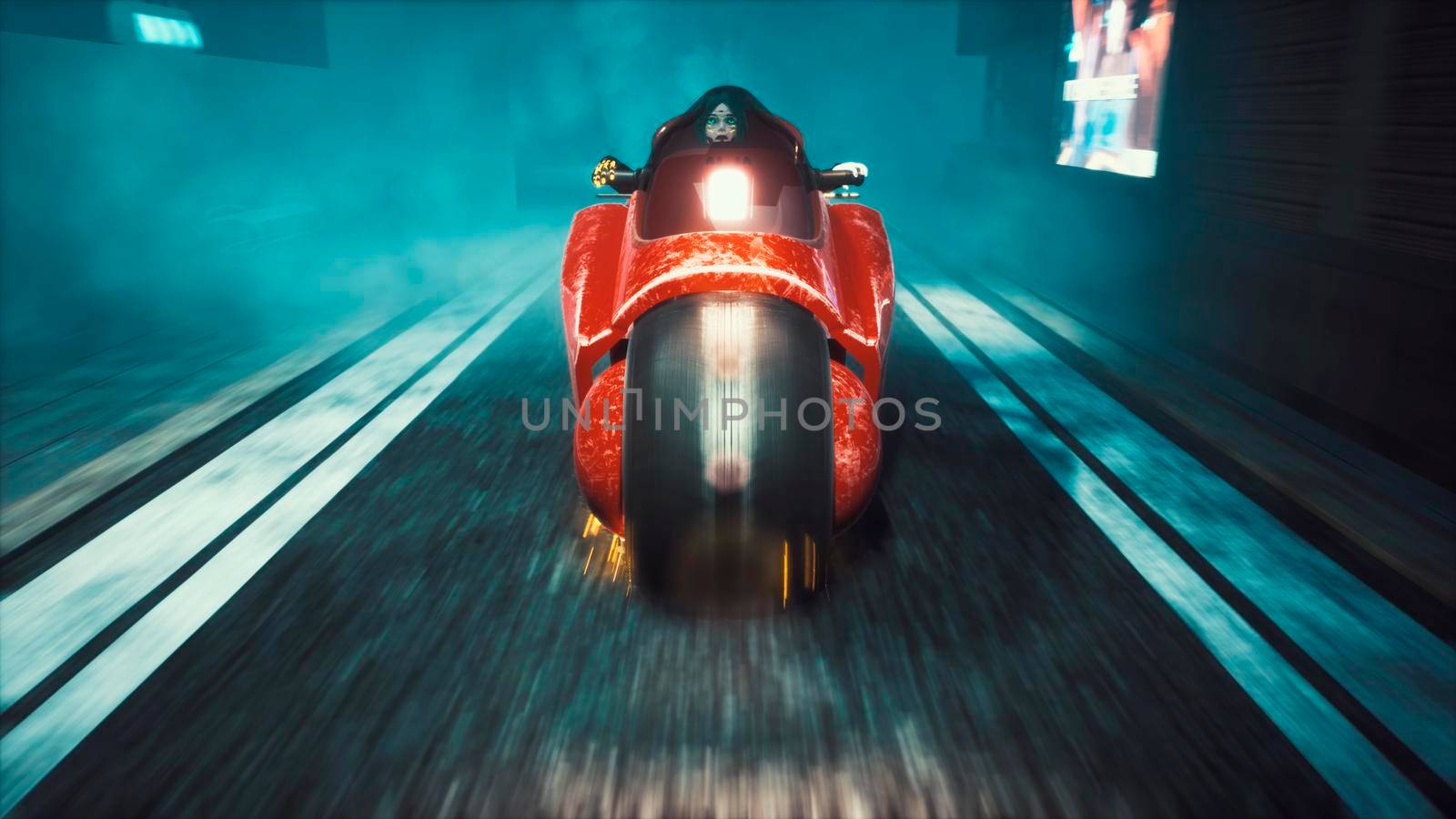 The girl of the future rides her motorcycle along the night street of the neon cyber city. View of an future fiction city. Post-apocalyptic cyber world concept.