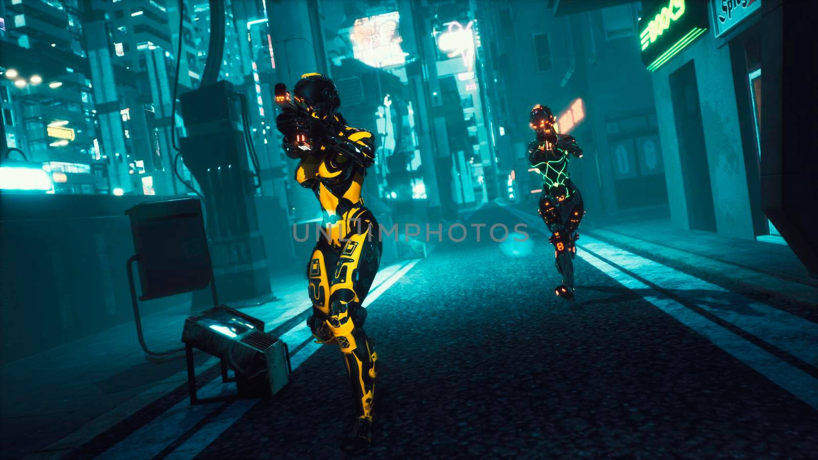 Cyber soldier walks through the dark streets of the cyber city of the future. View of an future fiction city. Post-apocalyptic cyber world concept.