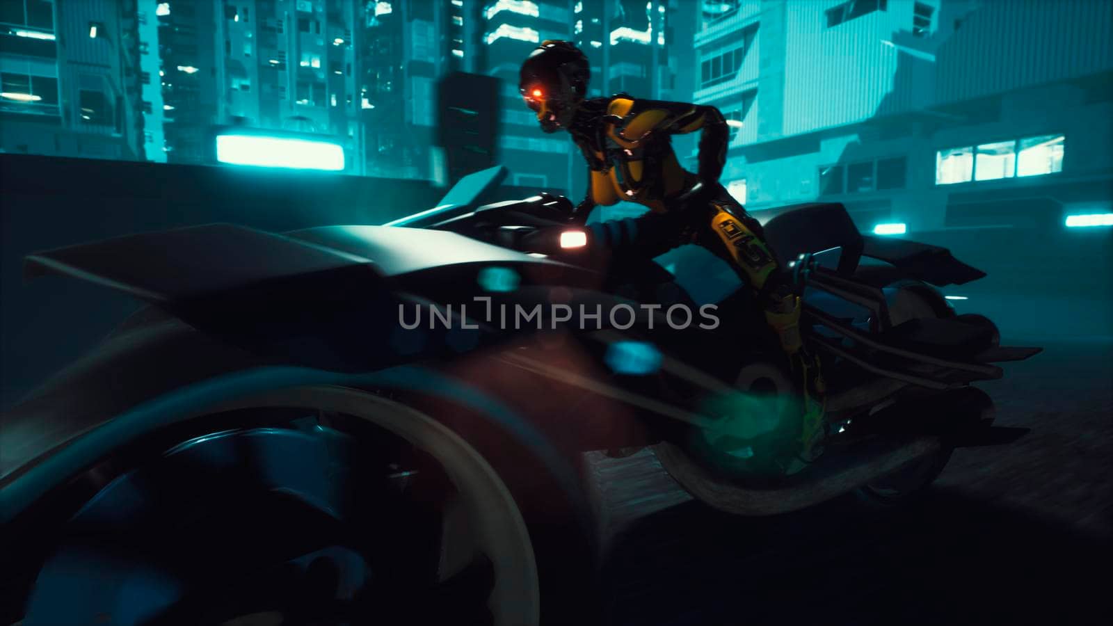 Cyborg rides a huge speed on the motorcycle of the future through the neon streets of the night cyber city. A view of the neon sci-fi city. 3D Rendering. by designprojects