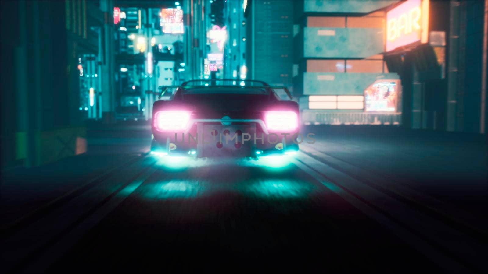 The flying car of the future rushes through the neon street of the cyber city. Sci-fi cyber world concept.