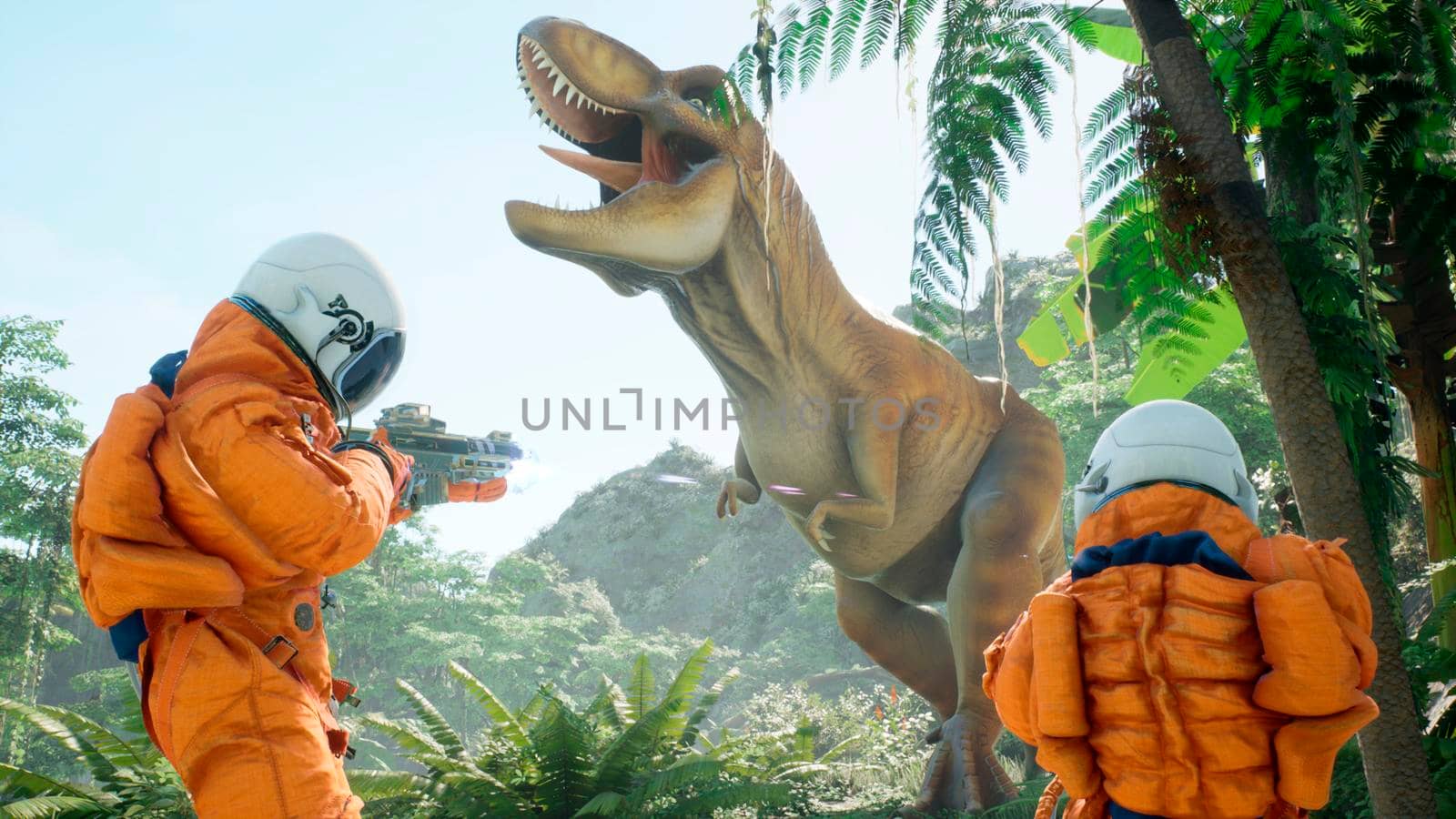 A meeting of two time-traveler astronauts and a predatory Tyrannosaurus rex in a prehistoric Jurassic park. 3D Rendering. by designprojects