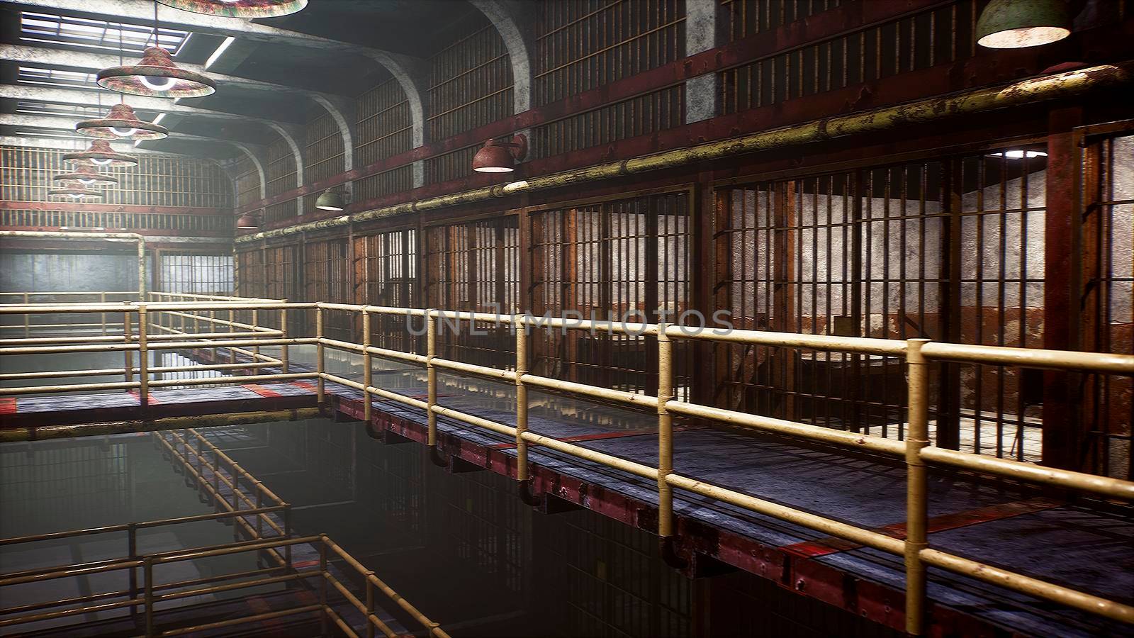 A dirty deserted prison with closed cells. View of the old empty prison. 3D Rendering. by designprojects
