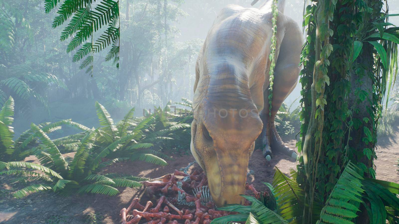 The Tyrannosaurus Rex dinosaur slowly creeps up on its prey in a thicket of green prehistoric jungle. View of the green prehistoric jungle forest on a Sunny morning. 3D Rendering. by designprojects