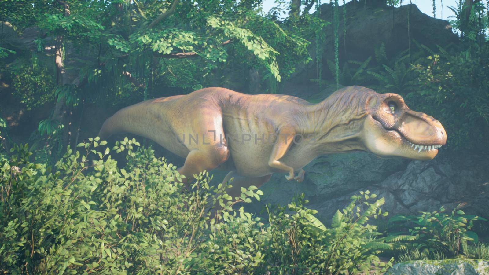 The Tyrannosaurus Rex dinosaur slowly creeps up on its prey in a thicket of green prehistoric jungle. View of the green prehistoric jungle forest on a Sunny morning.