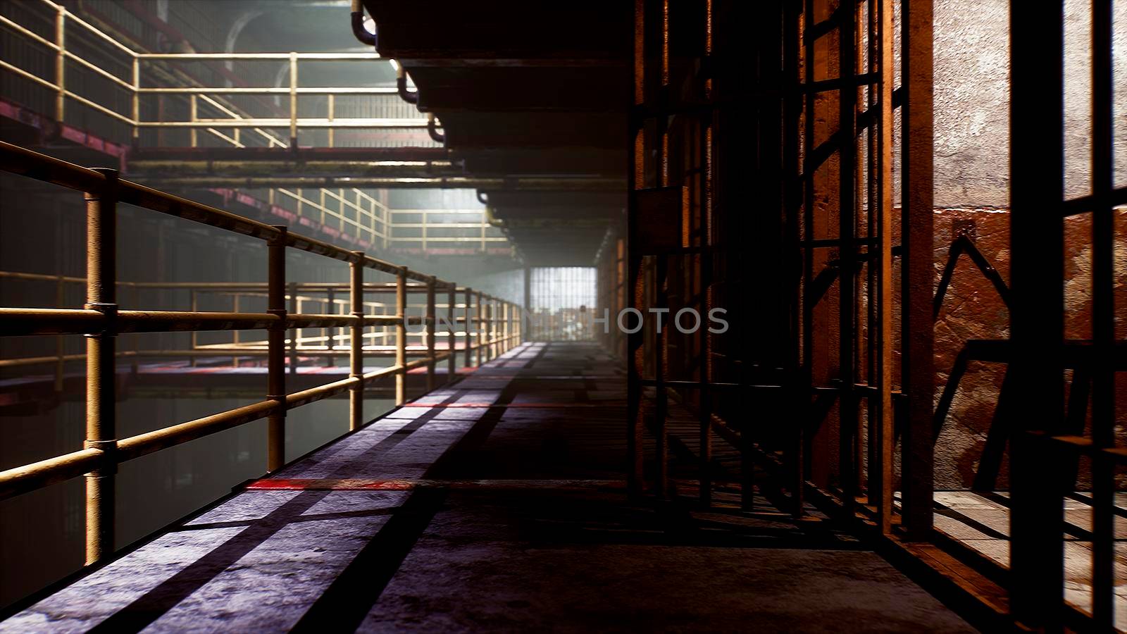 An old deserted prison with empty closed cells. View of the old empty prison. 3D Rendering. by designprojects