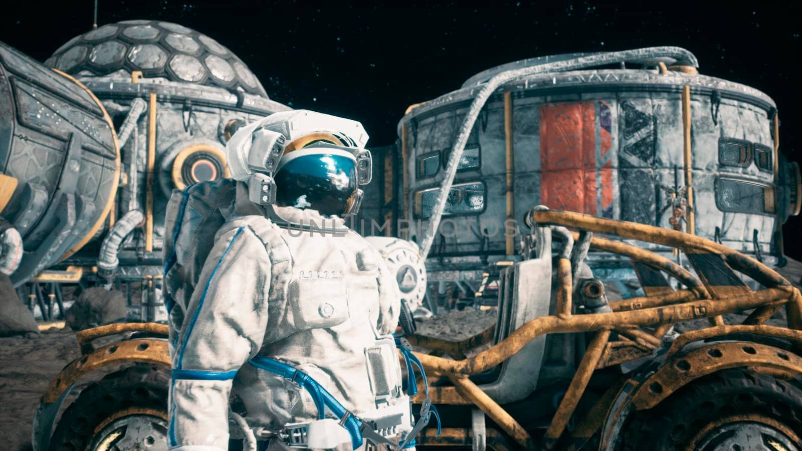 An astronaut stands beside his lunar rover at the space moon base. View of the lunar surface and lunar colony. 3D Rendering. by designprojects