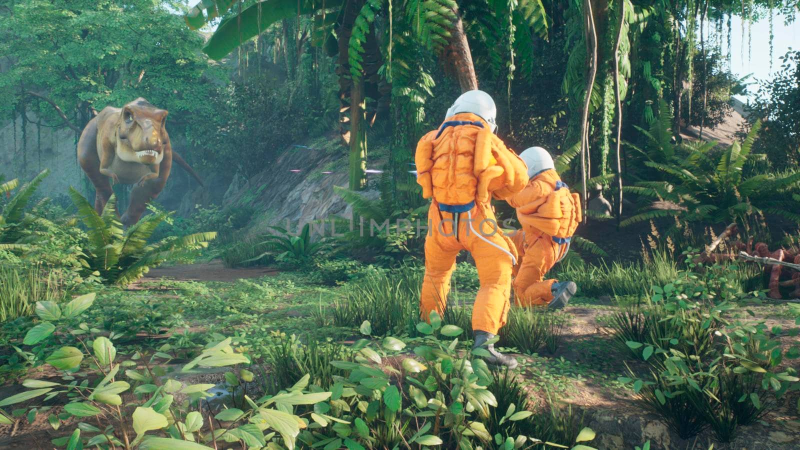 Astronauts battle the dinosaur Tyrannosaurus Rex in a prehistoric alien jungle. 3D Rendering. by designprojects