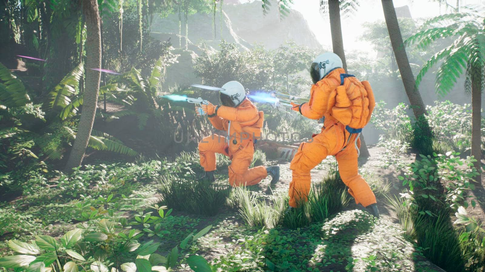 Astronauts battle the dinosaur Tyrannosaurus Rex in a prehistoric alien jungle. View of the green prehistoric jungle forest on a sunny morning.