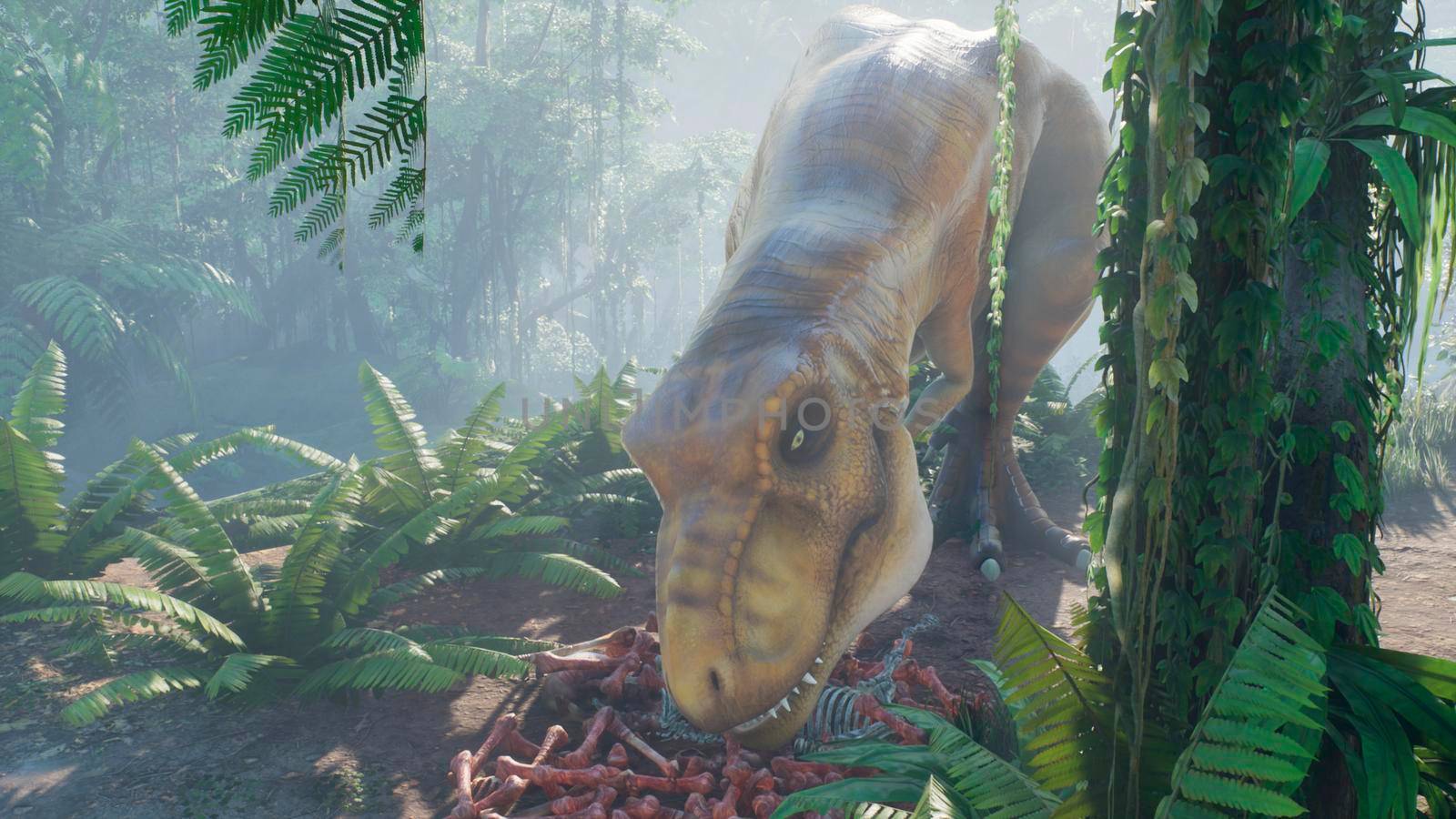 The Tyrannosaurus Rex dinosaur slowly creeps up on its prey in a thicket of green prehistoric jungle. View of the green prehistoric jungle forest on a Sunny morning.