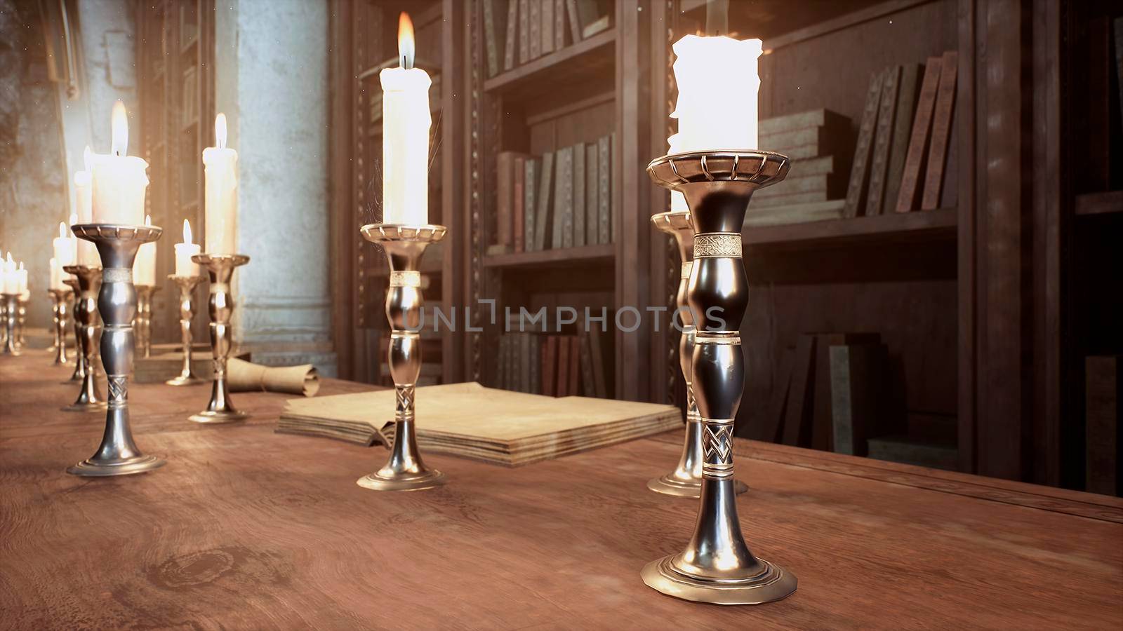 Candles on the table of an alchemist in a medieval ancient castle. View of the ancient castle and the candles.