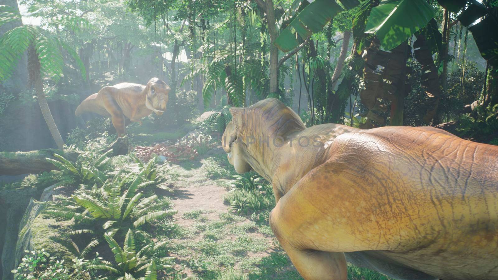 The Tyrannosaurus Rex dinosaur slowly creeps up on its prey in a thicket of green prehistoric jungle. View of the green prehistoric jungle forest on a Sunny morning. 3D Rendering. by designprojects