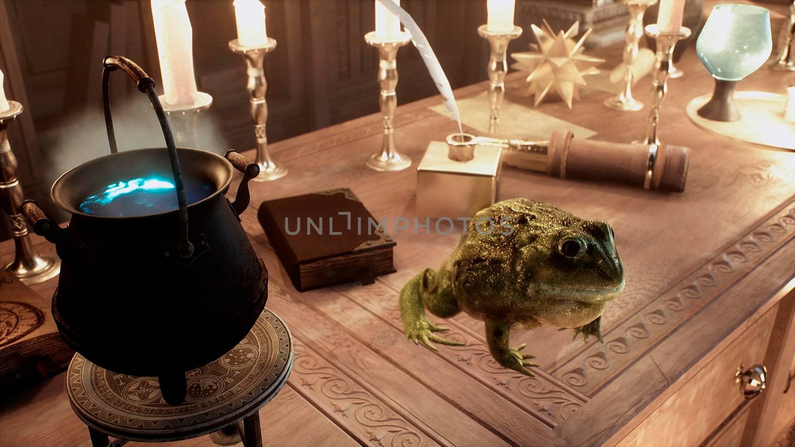 On the alchemist's table is a green big toad and a pot of steaming potion. View of the ancient alchemist's table.
