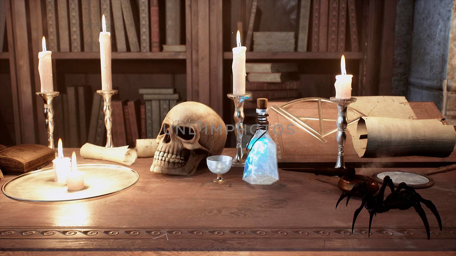 A skull and a manuscript with spells lie on the ancient table of the alchemist. 3D Rendering. by designprojects