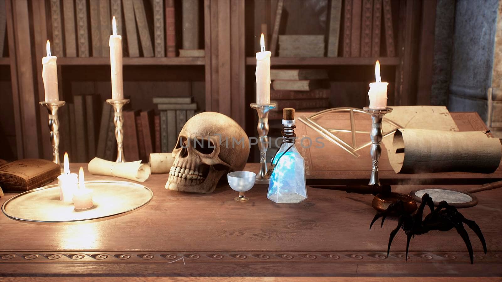 A skull and a manuscript with spells lie on the ancient table of the alchemist. View of the ancient alchemist's table.