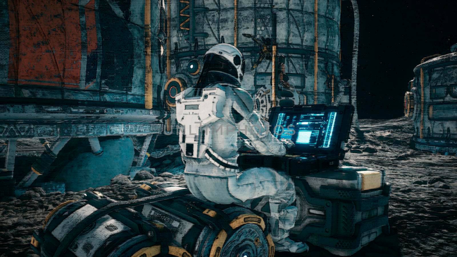 An astronaut works on his laptop at a space base on one of the new planets. Concept of the future space colony.