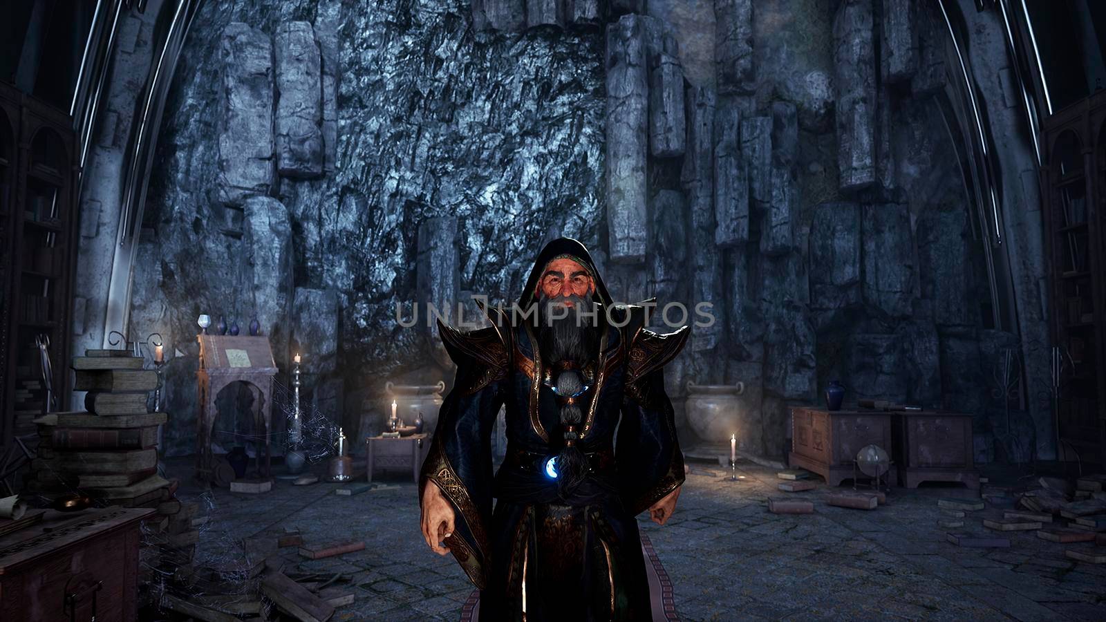 The wizard prepares for a magic ritual in his ancient castle. 3D Rendering. by designprojects
